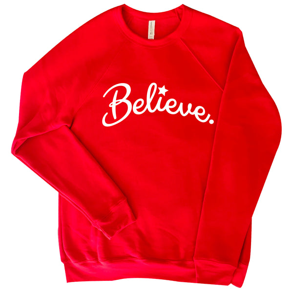 RED COTTON FLEECE COMFY HOLIDAY  FESTIVE SWEATSHIRT  BELIEVE